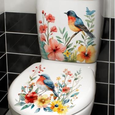 Imagem de 2 folhas de aquarela pássaros flor tampa de vaso sanitário e adesivo de tanque 30,5 cm x 30,5 cm buquê folhas verdes decalques capa de vaso sanitário decoração floral cisterna adesivos descascar e
