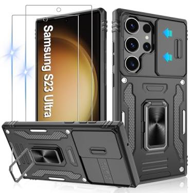 Imagem de Gritup Capa para Samsung Galaxy S23 Ultra com 2 protetores de tela HD e capa de câmera deslizante, proteção contra quedas de grau militar de 3,5 m, suporte de anel magnético, capa protetora para