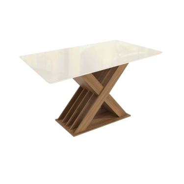 Imagem de Mesa de Sala Jantar Graviola c/Tampo Madeirado c/ Vidro 90x160cm Nogueira/Off White/Vidro Off White - Kappesberg