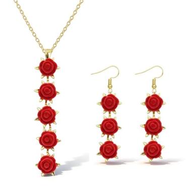 Imagem de Peraca Cris Conjunto de joias de rosa vermelha, colar com pingente de rosa vermelha, brincos de flor, colar de lariat para mulheres, presentes de dia dos namorados para ela, Large, Zinco, Sem Pedra