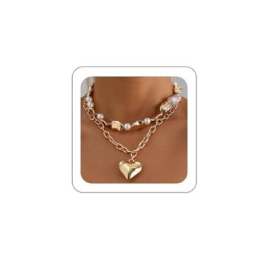 Imagem de BOOZIQ Colares de coração de ouro grosso para mulheres, colar com pingente de coração bufante, boêmio, pérola, colar de declaração, colar moderno, joia de presente, Zinco, Sem Pedra Preciosa