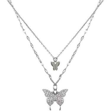 Imagem de LAFEALO Colar gargantilha de couro em camadas boho prata cristal borboleta vintage colar pingente colar preto camurça colar joia para mulheres