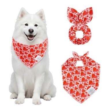 Imagem de E-Clover Conjunto de bandanas e scrunchie combinando com coração de Dia dos Namorados, babadores, bandana para animais de estimação com gravata borboleta para cães médios e grandes, dona mãe, vermelho