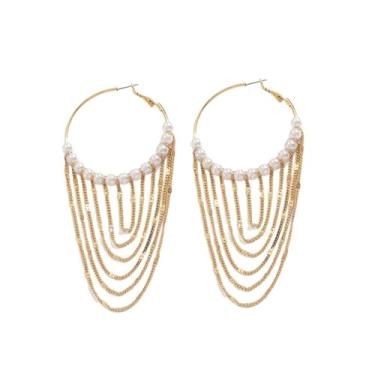 Imagem de Brinco de argola de pérola dourada em camadas, corrente de borla, brincos de prata com contas grandes para mulheres, joias modernas, presentes de declaração, Resina, Sem pedra preciosa