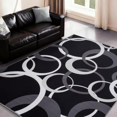 Imagem de YIHOUSE Tapetes de área de 1,5 x 1,8 m, tapete lavável com círculo concêntrico, tapete preto e branco moderno, antiderrapante, tapete fino, para sala de estar, sala de jantar, escritório, sala de