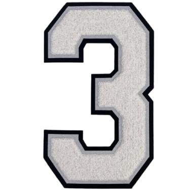 Imagem de 2 peças de patch de número de chenille branco de 20 cm, aplique de ferro para roupas, jaquetas, mochilas, estilo universitário, número grande, par com patch de letras universitárias, borda preta