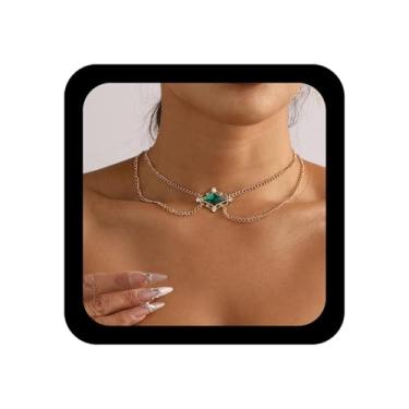 Imagem de Ximdble Colar vintage com pingente de esmeralda de cristal em camadas, strass, esmeralda, verde, brilhante, gargantilha de diamante, para mulheres