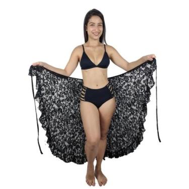 Imagem de Saia Pareô Saída De Praia Longa Renda Babado Transpassada Preta  - Dan