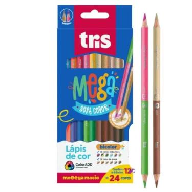 Imagem de Lápis de Cor Tris Mega Soft Color 24 Cores Ponta Dupla Tons Regulares e Tons de Pele Escolar Profissional Desenho