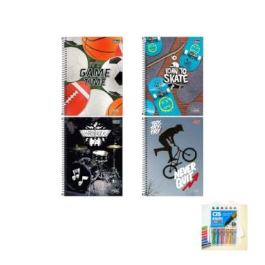 Imagem de Kit Caderno Universitário Vibe Masculino 80F + Caneta Esferográfica 24 Unidades + Marcador Artístico Brush Metallic 6 Cores