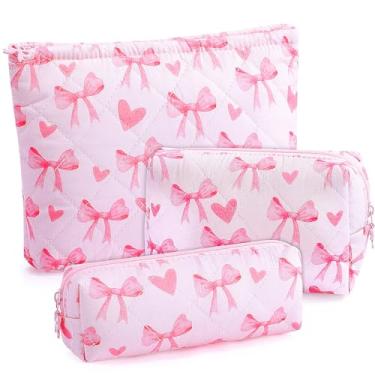 Imagem de Paterr 3 peças de bolsa de maquiagem acolchoada para mulheres com laço floral fofo conjunto de bolsa de cosméticos organizador de estética kit de emergência para viagem de higiene pessoal bolsa de