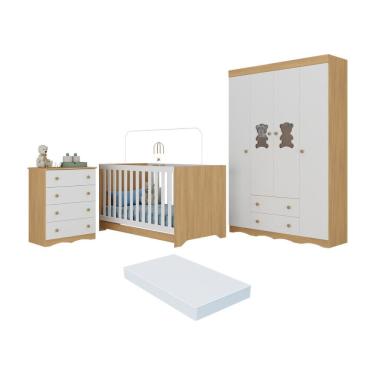 Imagem de Quarto De Bebê Completo C- Berço Americano 3 Em 1 Colchão Doçura Multimóveis MP4666 Madeirado-branco