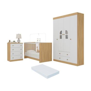 Imagem de Quarto De Bebê Completo Com Berço 3 Em 1 Colchão Incluso Amora Multimóveis MP4569 Madeirado-branco
