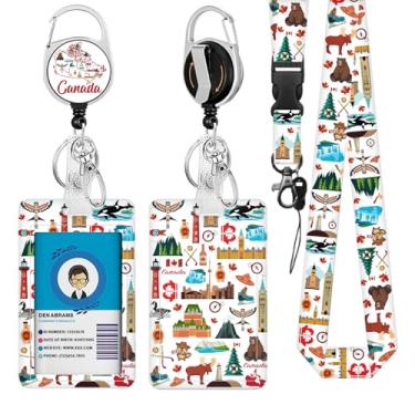 Imagem de Cordões canadenses para crachá de identificação, suporte de cartão de identificação com clipe retrátil e chaveiro, capa protetora vertical resistente para crachá de identidade para estudantes