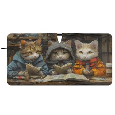 Imagem de CEBUGI Para-brisa de carro dobrável sombra de sol três gatos pintura a óleo cortinas de janela de carro guarda-chuva para-brisa frontal para-sol para acessórios de carro legal bloqueador solar