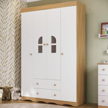 Imagem de Guarda-roupa Infantil 122cm com Vidro 4 Portas e 2 Gavetas Liz Multimóveis Mp4514 Madeirado/branco