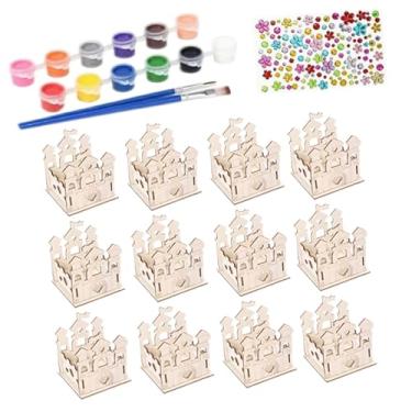 Imagem de Baoblaze Conjunto de 12 peças de artesanato em madeira para pintura, incluindo castelo para montar e pintar, decorações em branco com tinta, pincéis e