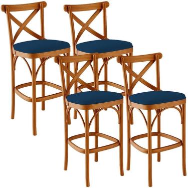 Imagem de Kit 04 Banquetas Altas Cozinha Bancada Bar Sala Jantar Estofada ávila L02 Suede Azul Marinho - Lyam