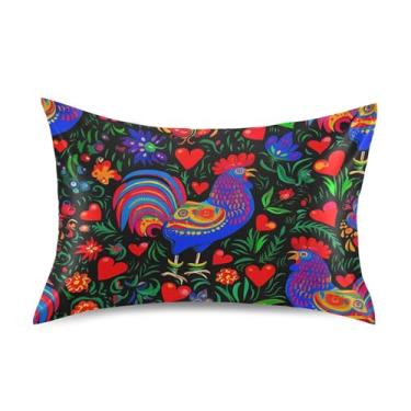 Imagem de Fronhas legais de cetim arte popular galos coloridos padrão queen king size design decoração cama refrescante fronha tamanho padrão 66 cm x 50 cm