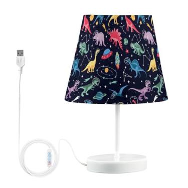 Imagem de Joisal Bonita luminária de mesa de cabeceira de dinossauro astronauta espacial com abajur de linho LED, iluminação de dormitório