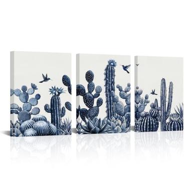 Imagem de LevvArts Cactus Wall Art Canvas Pintura Botânica Impressão Beija-Flor Moderna Decoração de Banheiro Azul Marinho Cada Painel 30,5 cm x 40,6 cm (Azul)