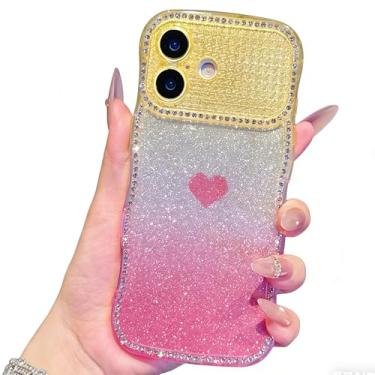 Imagem de IDYStar Capa para iPhone 16 com moldura ondulada fofa de diamante brilhante com estampa de coração de amor removível, capa de silicone à prova de choque para mulheres compatível com iPhone 16 de 6,1