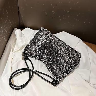 Imagem de Bolsa de ombro feminina pequena quadrada leve e cintilante, bolsa de mão moderna de nylon com fecho de zíper, alça fixa e forro de poliéster, clutch noturna para eventos casuais ou formais, prateada