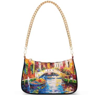 Imagem de Xray Flowers Bolsa moderna fantasia Hobo Party Clutch feminina designer bolsa de mão corrente pequena bolsa de ombro, Pintura Venice Boat River