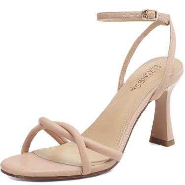 Imagem de SLXCHBSL Sandália feminina de bico redondo com tiras com salto alto grosso de 7,6 cm com tira ajustável no tornozelo, confortável, bico aberto, sapato social para festa de casamento ou formatura