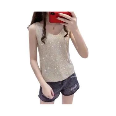 Imagem de Top Cropped Feminino De Verão Em Seda Gelada Com Decote V E Sem Mangas