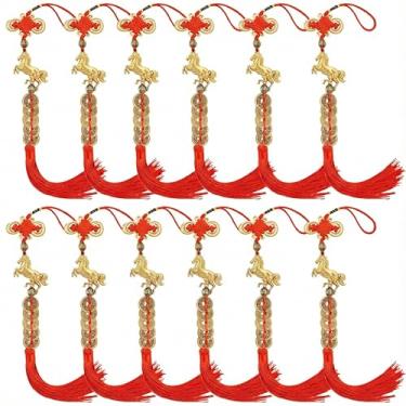 Imagem de Conjunto de 12 moedas de ano de cavalo Feng Shui - 2026 pingentes de cavalo de ano novo chinês moedas chinesas da sorte com borlas vermelhas penduradas, amuleto riqueza boa sorte para decoração de