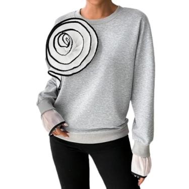 Imagem de Moletom feminino cinza com aplique de redemoinho 3D - blusa de manga comprida com punho transparente, Cinza, M