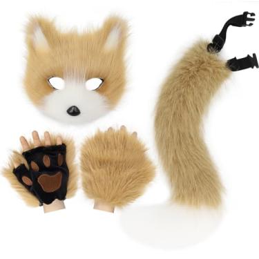 Imagem de HAOAN Conjunto de máscara de raposa peluda, cauda de raposa e pata de lobo adulto, máscara de Halloween, cosplay, fantasia de festa de animais, Tuowhite, tamanho �nico