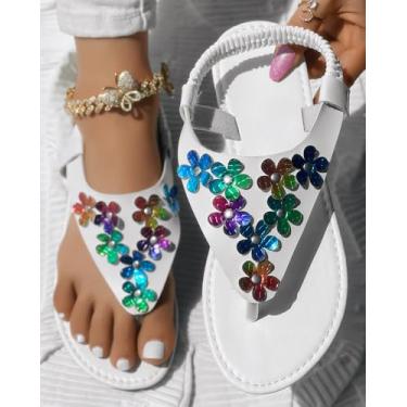 Imagem de Sandália feminina com bico do pé, arco-íris, ombré, lantejoulas, floral, textura de cobra, tira no tornozelo, rasteira, casual, uso diário, festa, férias, Multicolorido e branco, 43