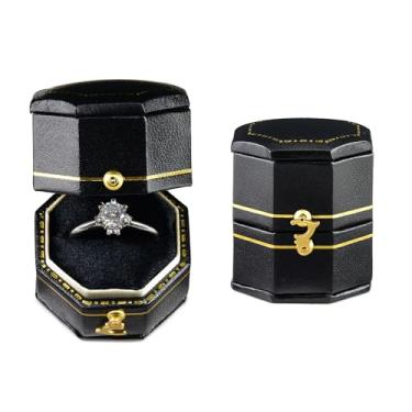 Imagem de TAIMY Caixa de anel de casamento estilo vitoriano clássico, caixa de anel de presente feita à mão tamanho de bolso pequena caixa de joias de lembrança (preta, octógono)