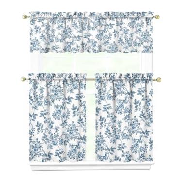 Imagem de Cortinas de cozinha de fazenda francesa floral azul 61 cm de comprimento, conjunto de 3 cortinas de cozinha de folhas duráveis, cores vibrantes, primavera, cozinha, janela, cortina sobre a pia para