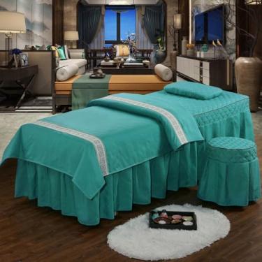 Imagem de Lençol de mesa de massagem, 4 peças, para salão de beleza, macio, respirável, fisioterapia, spa, salão de beleza, cor sólida, lençol com elástico para massagem com furo facial, roupa de cama verde 70
