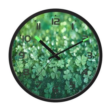 Imagem de SEHANY Relógio de parede Green Clover, silencioso, sem tique-taque, relógio redondo operado por bateria, controle de som, luz noturna, relógios de parede para sala de estar, cozinha, quarto