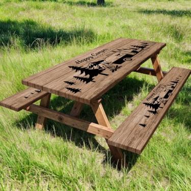 Imagem de NYMB Capa de mesa de piquenique com capas de banco, bolsa de cordão, capa de mesa de madeira marrom rústica para acampamento, toalha de mesa de piquenique para pátio interno ao ar livre, conjunto de 3