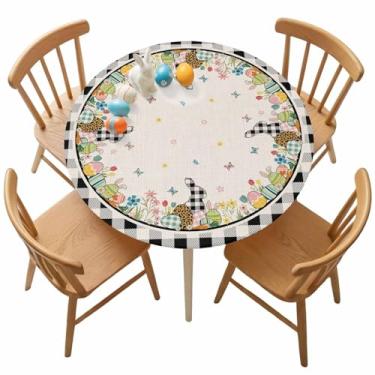 Imagem de Toalhas de mesa redondas com ovos de páscoa, 114 a 137 cm, flores de coelho em linho rústico, impermeável, com bordas elásticas, toalha de mesa para cozinha, jantar, festa, decoração de mesa, xadrez