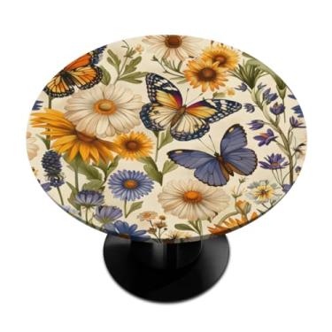 Imagem de Pardick Toalha de mesa redonda ajustada com borda elástica, flores de borboleta, toalha de mesa redonda, impermeável, limpável, para piquenique, pátio, serve para mesas de até 91 a 106 cm de diâmetro