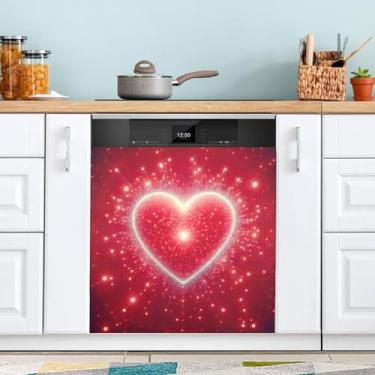 Imagem de ATTX Capa magnética para lava-louças coração vermelho dos namorados | Adesivo decorativo de eletrodomésticos de 58 x 66 cm para armários domésticos e eletrodomésticos #326