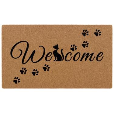 Imagem de Bmotaso Tapete de boas-vindas de gato preto, tapete de porta da frente para entrada interna/externa, tapete de porta de coco artificial rústico para amantes de gatos, entrada de varanda, pátio