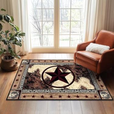 Imagem de Tapetes ocidentais 12 x 18 cm para quarto, tapete lavável para sala de estar, tapetes vintage, Texas Star, tapetes de entrada, marrom, antiderrapante, rústico, tapete macio para sala de jantar