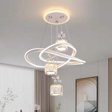Imagem de Luminária pendente LED moderna e regulável para mesa de jantar, com controle remoto e cristais. Luminária ajustável para sala de jantar, cozinha, escritório e sala de estar (Branca, B).