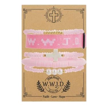 Imagem de DATOA 5 pulseiras elásticas de cruz cristã WWJD pulseira de corda trançada com contas de cristal feito à mão ajustável O que Jesus faria pulseiras para mulheres e homens, joias religiosas, adjustable
