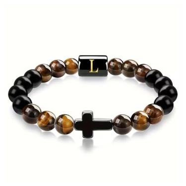 Imagem de Pulseira masculina elegante com contas de pedra olho de tigre natural com pingente de cruz gravada - presente para o dia dos pais, aniversário, dia do filho, Medium, Ágata, Sem Pedra Preciosa