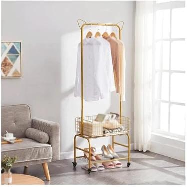 Imagem de SLGGPJBU Cabideiro bonito cabideiro com rodas universais de 360 graus, o suporte combina cabideiro, cesta de armazenamento e sapateira em um cabide