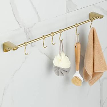 Imagem de Toalheiro, toalheiro para banheiro, suporte de toalha de mão, trilho de barra com gancho, sem perfuração, de aço inoxidável, haste única, banheiro, cozinha, pano, gancho, 50 cm, 6 ganchos/a