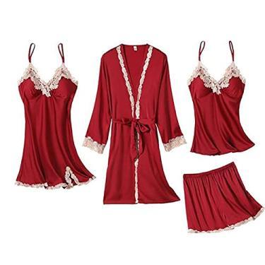 Imagem de HHHJQFAAT Pijama feminino 5 peças conjunto de pijama cami de cetim com roupão decote em V vestido de dormir floral guarnição de renda GG Borgonha-B (Borgonha b)